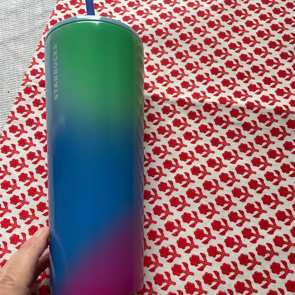 Starbucks 2023 Cold Cup Tumbler Blue Green Pink Technicolor Paint Stainless